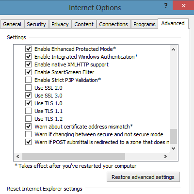 IE10 Screenshot: Internet Options > Advanced > Security > Enable Enhanced Protected Mode