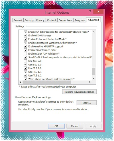 IE11: Enable 64-bit processes for Enhanced Protected Mode | Internet options dialog